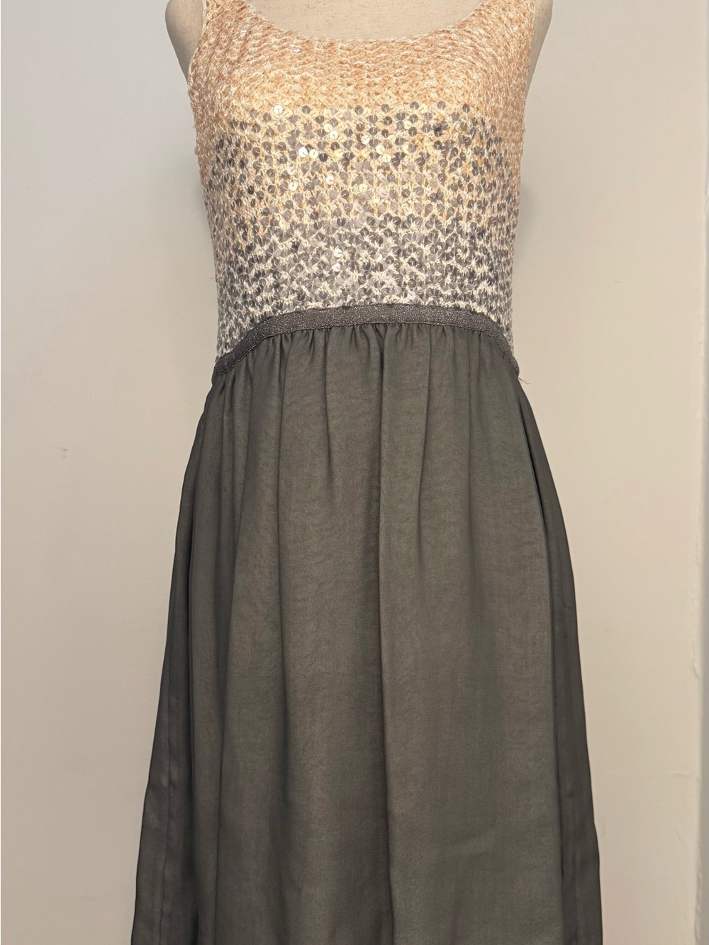 Women's Sequined Knit Bodice & Charcoal Skirt Dress - Cream and Gray